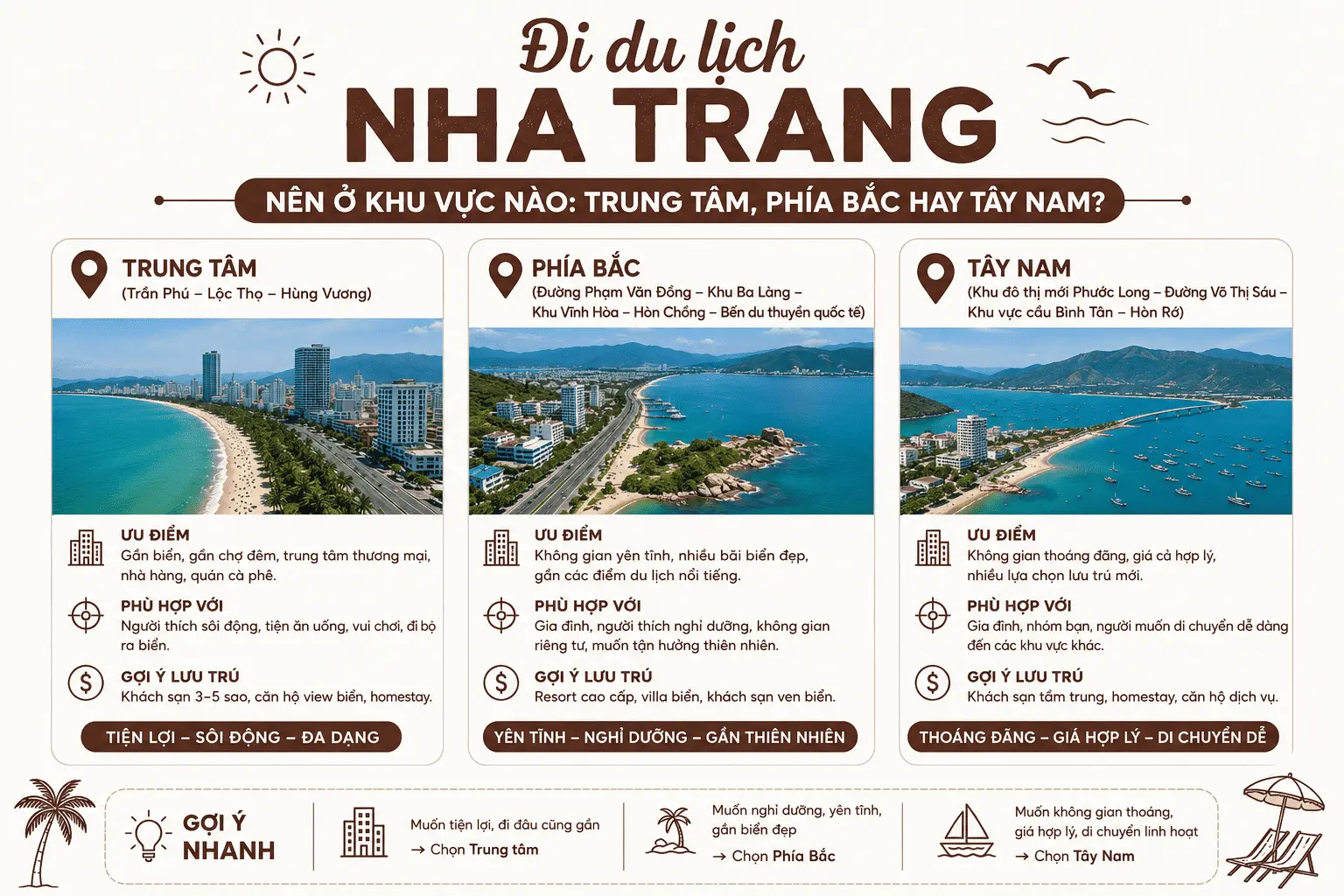 Đi du lịch Nha Trang nên ở khu vực nào: Trung tâm, Phía Bắc hay Tây Nam?